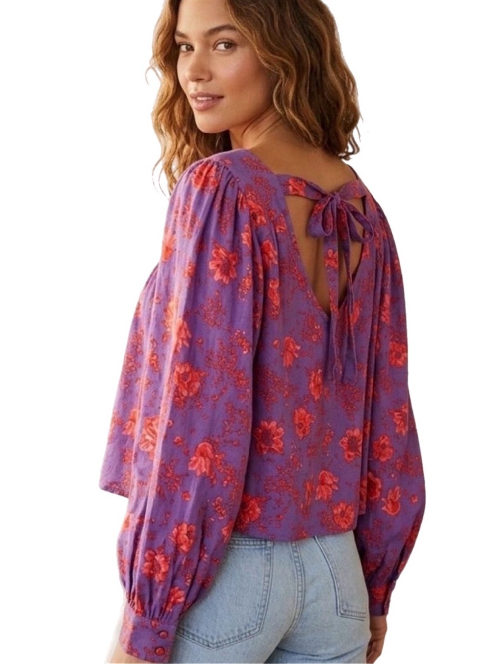 Free People Floral Blouson Tie Back Top Size Medium